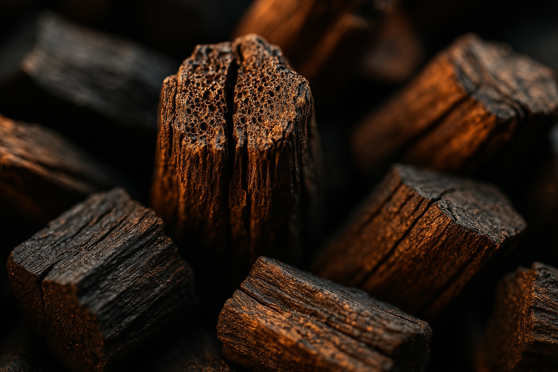 Close-up of maple charcoal pieces used in whisky filtration.