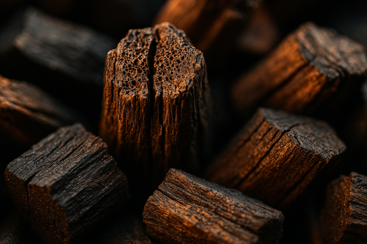 Close-up of maple charcoal pieces used in whisky filtration.