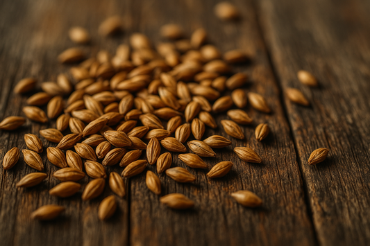 Close-up of malted barley grains on a wooden surface, showcasing their texture.