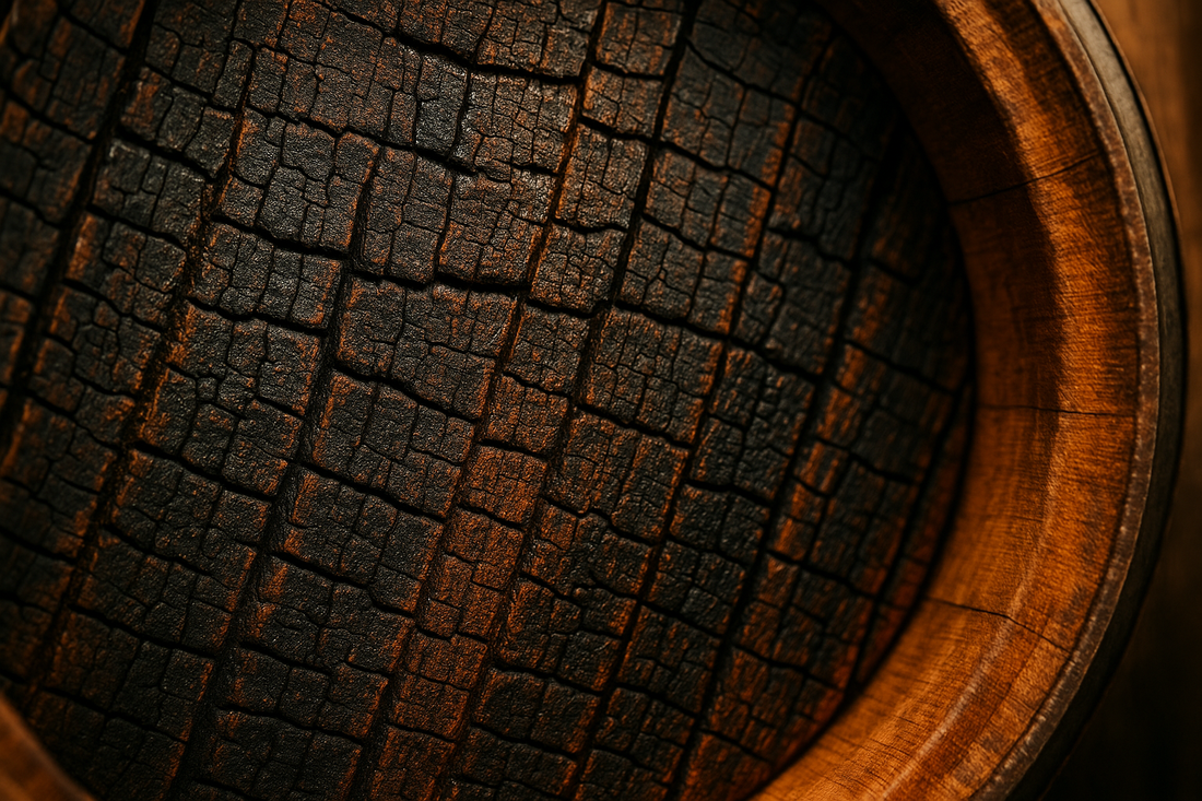Close-up of charred oak barrel interior showing texture and char levels.