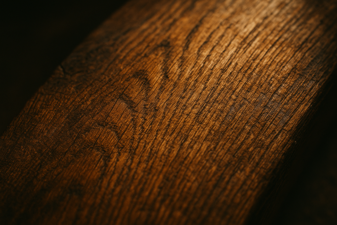 Close-up of oak stave grain, highlighting the texture and patina.