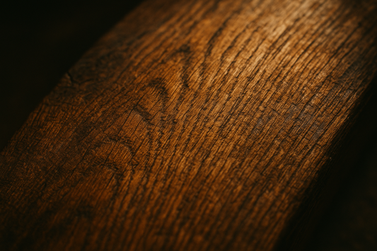 Close-up of oak stave grain, highlighting the texture and patina.