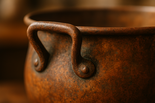 Close-up of a copper still's weathered handle, showing patina and texture.