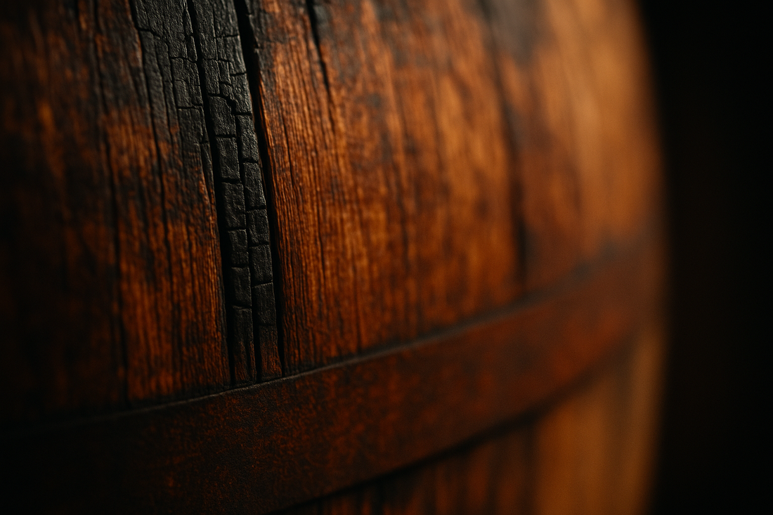 Close-up of oak barrel grain with deep char lines and toasted surface.