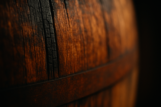 Close-up of oak barrel grain with deep char lines and toasted surface.