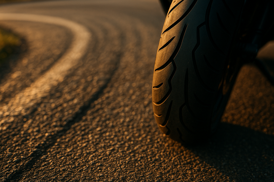 Close-up of motorcycle tire on worn asphalt, capturing the tension before a race.
