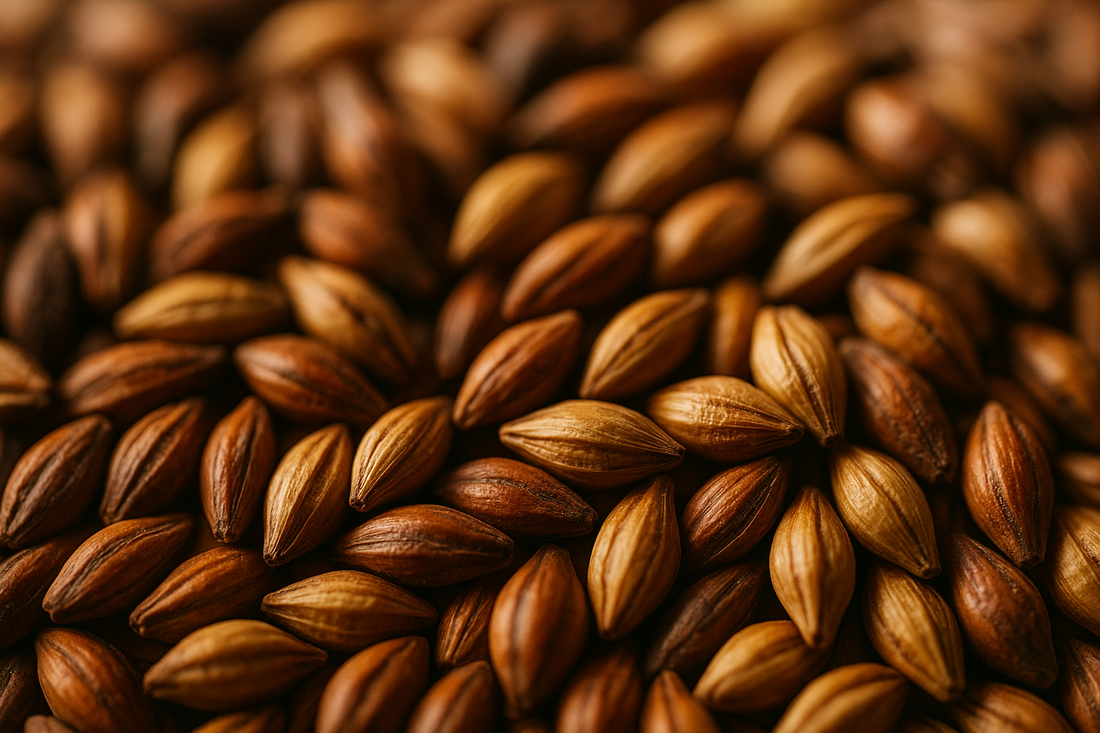 Close-up of malted barley grains, showing texture and color variations.