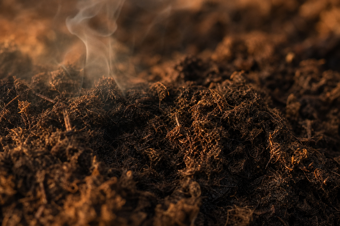 Close-up of peat moss texture with a hint of smoke curling above.