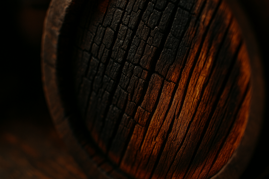 Close-up of charred oak barrel interior with deep grooves and char patterns.